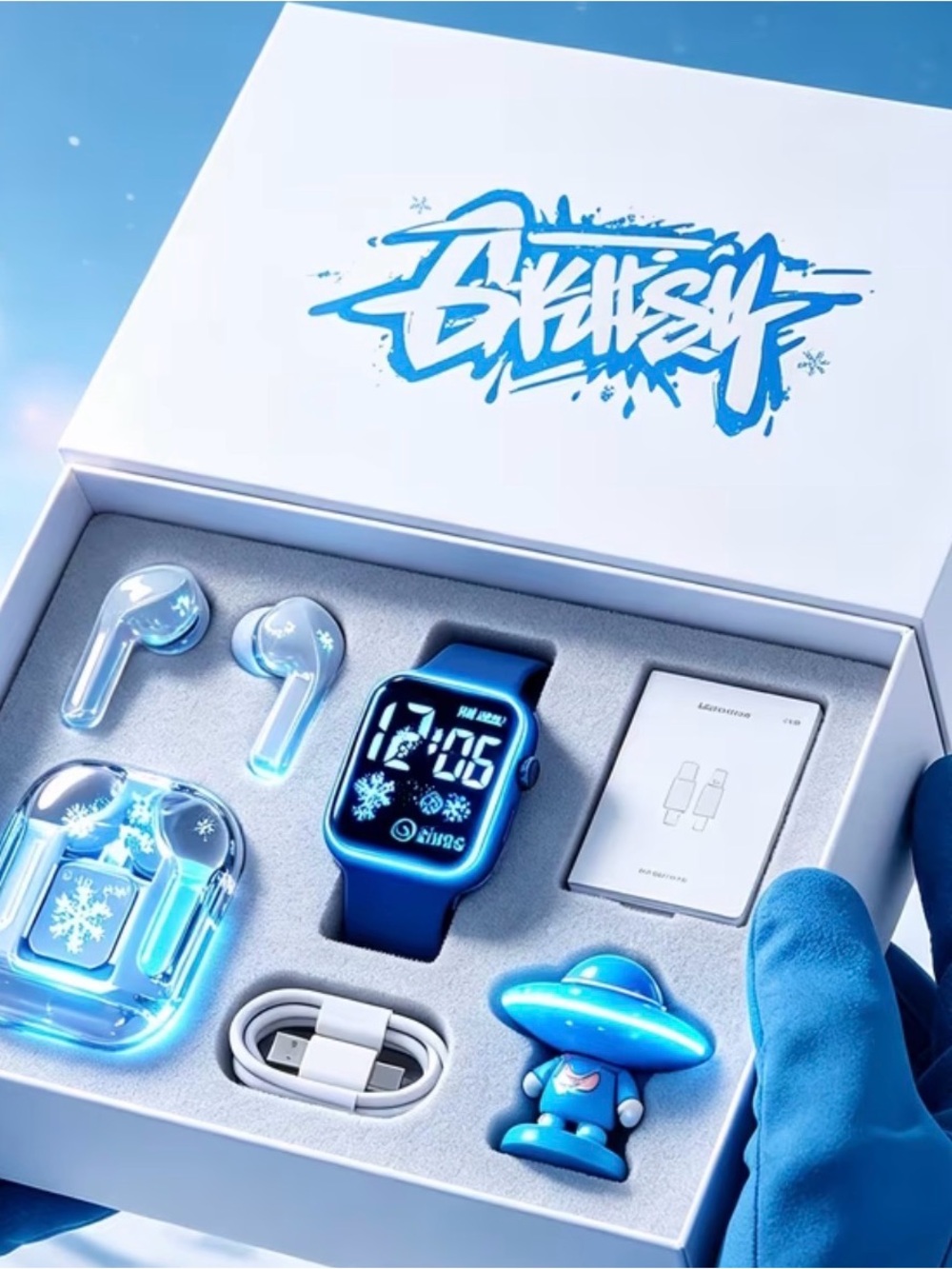 New Blue Storm Smart 2pc Set Smart Watch & Headphones Ice Blue Gift
Earbuds